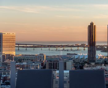 a view of the city and the ocean from a skyscraper  at Stanza Little Italy,  92101