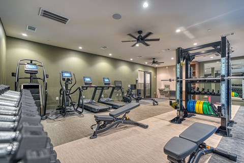 A well-equipped gym with various exercise machines and a fan.