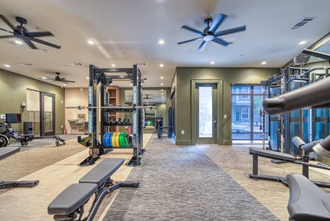 A gym with a variety of equipment including a squat rack, bench, and weights.