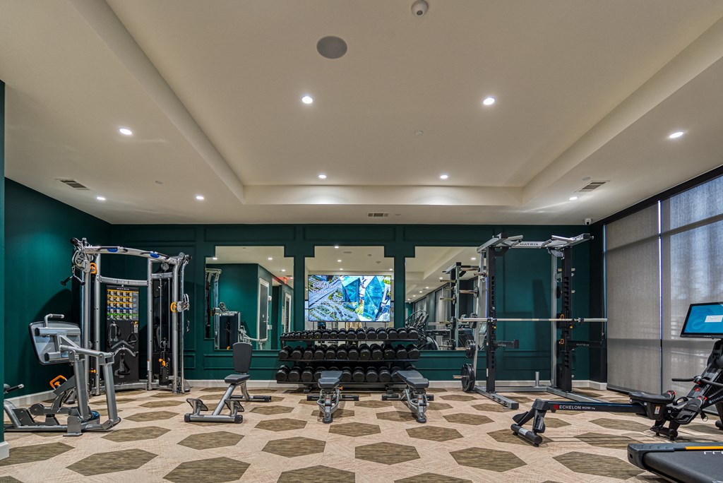 a gym with weights machines and a tv on the wall