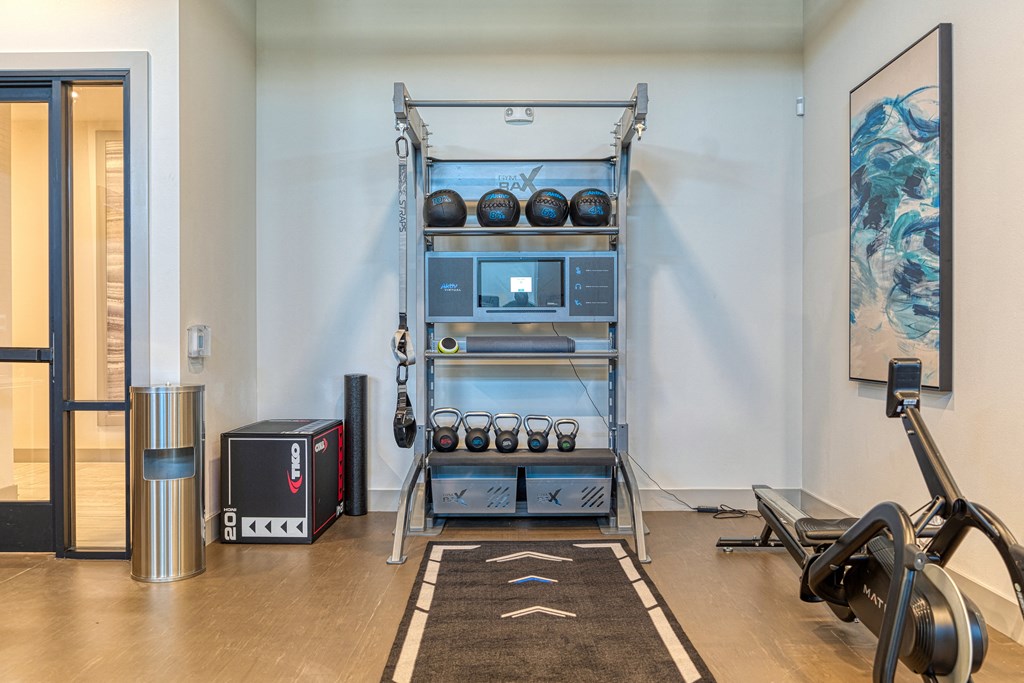 a home gym with a treadmill and weights