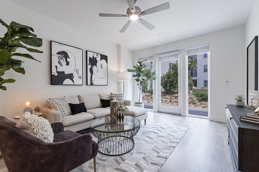 kitchen with stainless steal appliances, refrigerator, stove, oven and microwave.