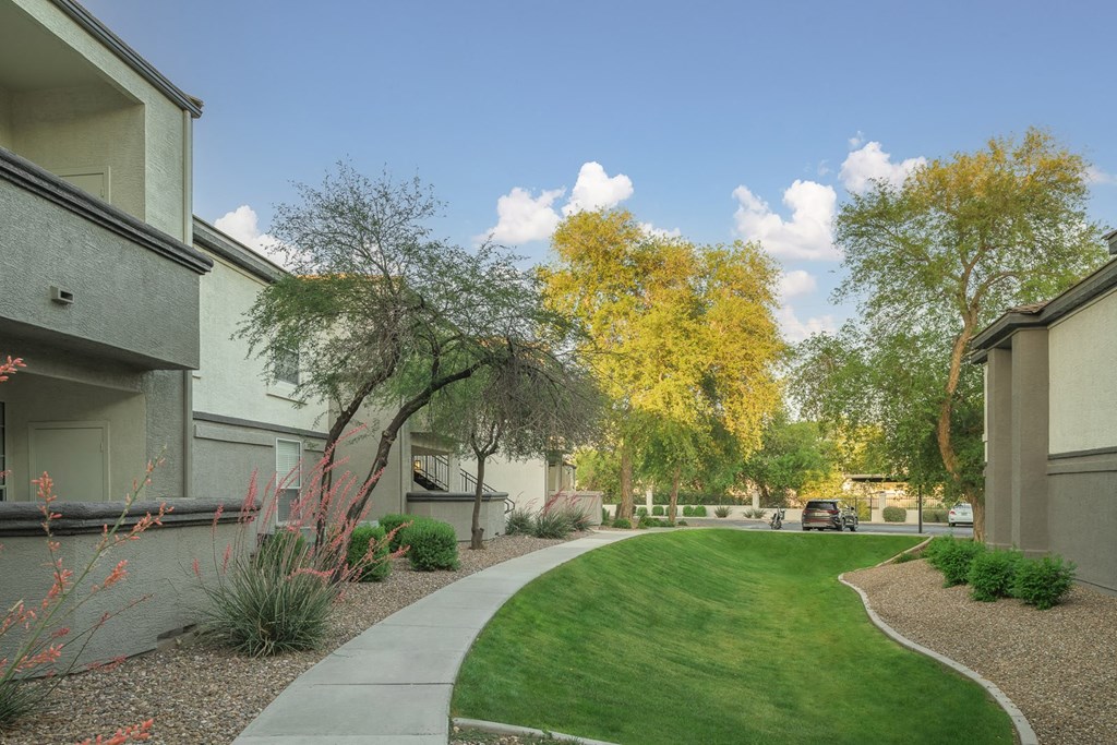 a walkway between two apartment buildings with grass and trees