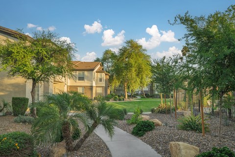 a courtyard with trees and a sidewalk in front of a building