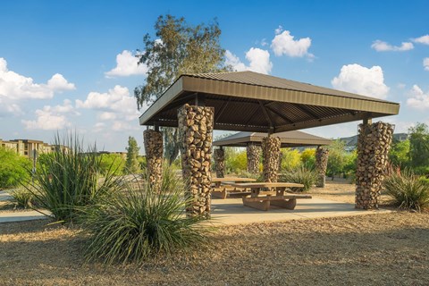 a picnic area with a picnic table and a pavilion