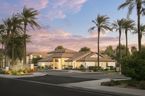 a street view of a house with palm trees