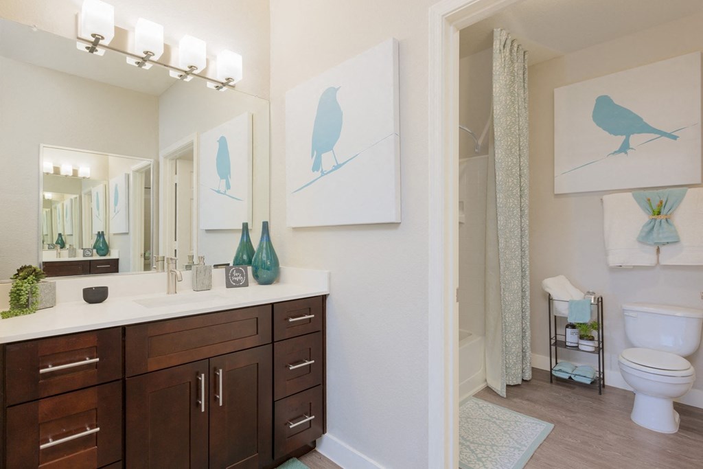 a bathroom with a large mirror and a sink and a toilet