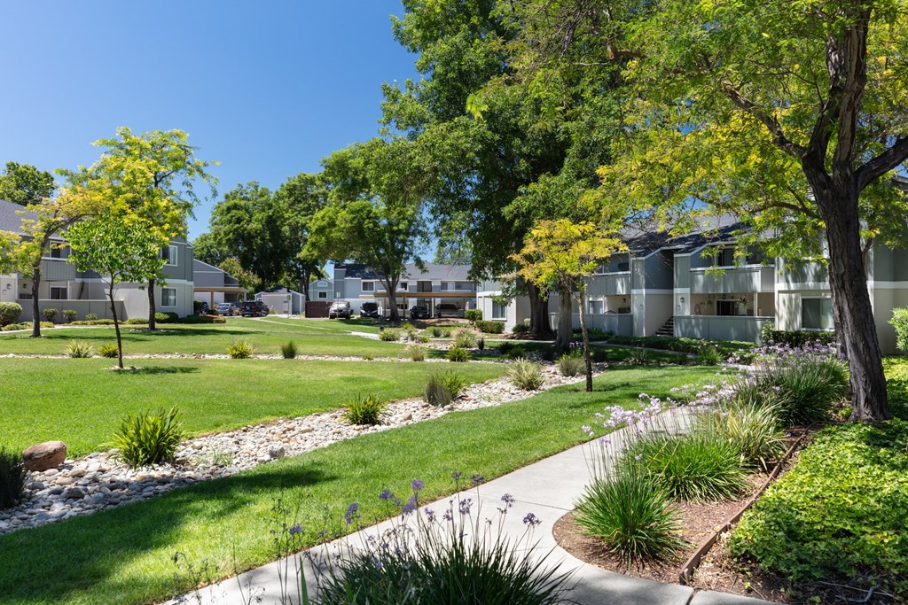 a grassy area with trees and buildings in the background