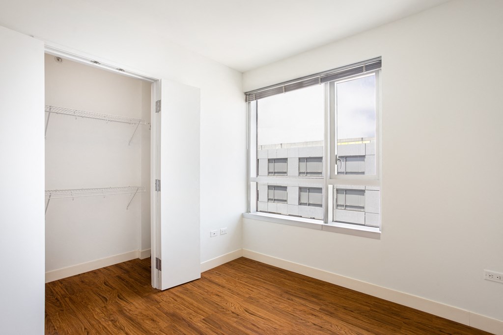 San Francisco, CA Luxury Apartments For Rent - Spacious Bedroom With Wood-Style Flooring, Walk-In Closet With Wired Shelves, And A Window.