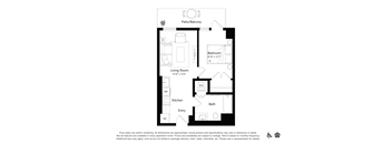 A floor plan of a home with a living room, kitchen, bath, and bedroom.