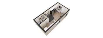 A 3D image of a small apartment with a kitchen, living room, and bathroom.
