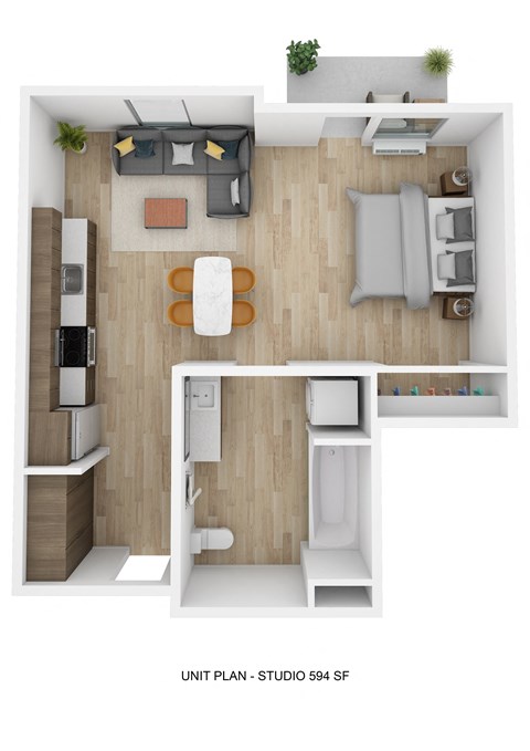 a stylized floor plan of a studio apartment with a bedroom and living room