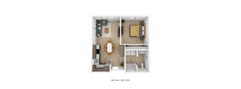 a stylized floor plan with a bedroom and a living room