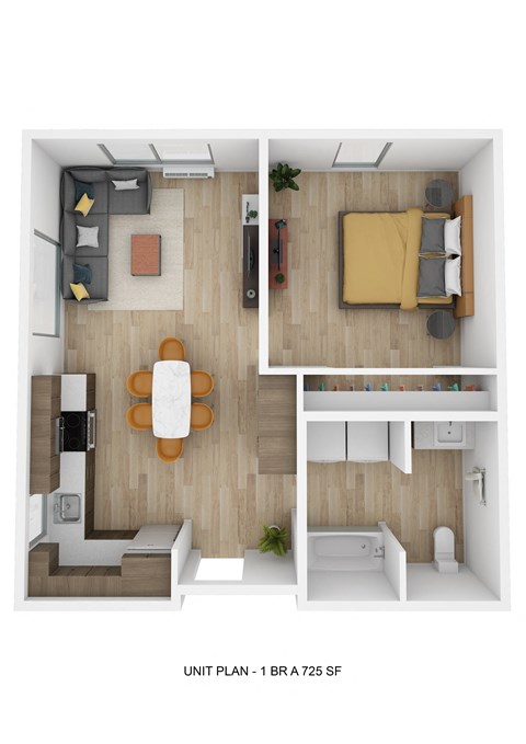 a stylized floor plan with a bedroom and a living room