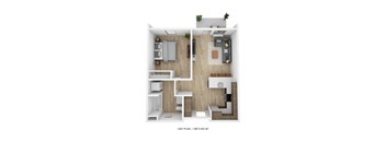 a stylized floor plan with a bedroom and a living room