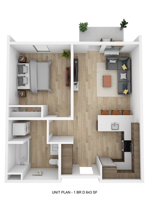 a stylized floor plan with a bedroom and a living room