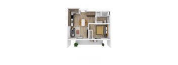 a stylized floor plan with a bedroom and a living room