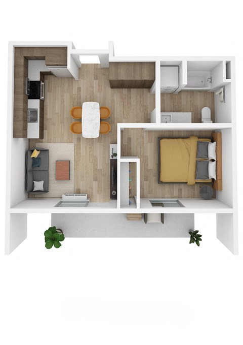 a stylized floor plan with a bedroom and a living room