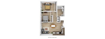 a 3d rendering of the living room and dining room of a 1 bedroom apartment