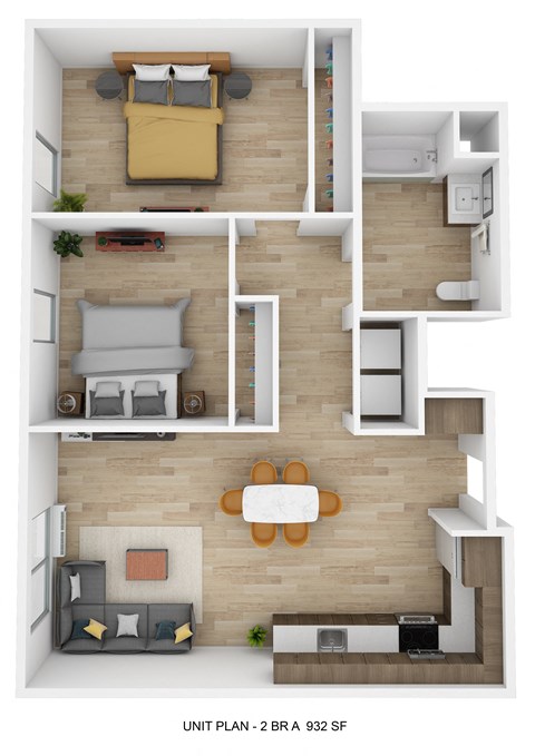 a 3d rendering of the living room and dining room of a 1 bedroom apartment