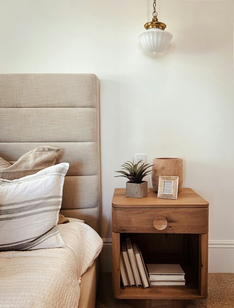 A bed with a pillow and a nightstand with a plant on it.