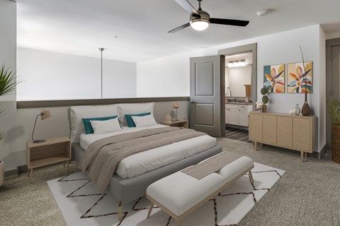 a rendering of a bedroom with a bed and a bathroom