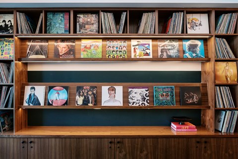 A shelf with a variety of records and books.