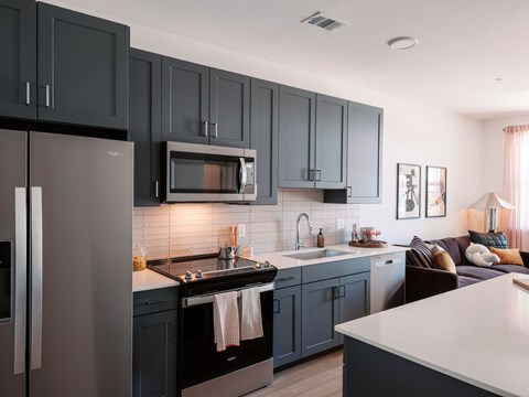 A modern kitchen with dark grey cabinets and stainless steel appliances.