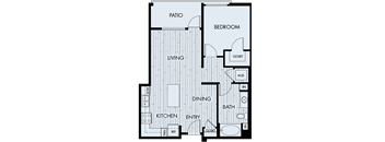 A black and white floor plan of a house with a patio, living room, kitchen, dining room, bathroom, and bedroom.