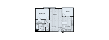A black and white image of a house floor plan with a bedroom, living room, dining room, kitchen, bathroom, and patio.