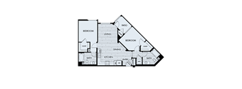 A black and white floor plan of a house with two bedrooms, a living room, a dining room, a kitchen, and two bathrooms.
