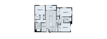 A black and white image of a house floor plan with a living room, kitchen, dining room, and three bedrooms.