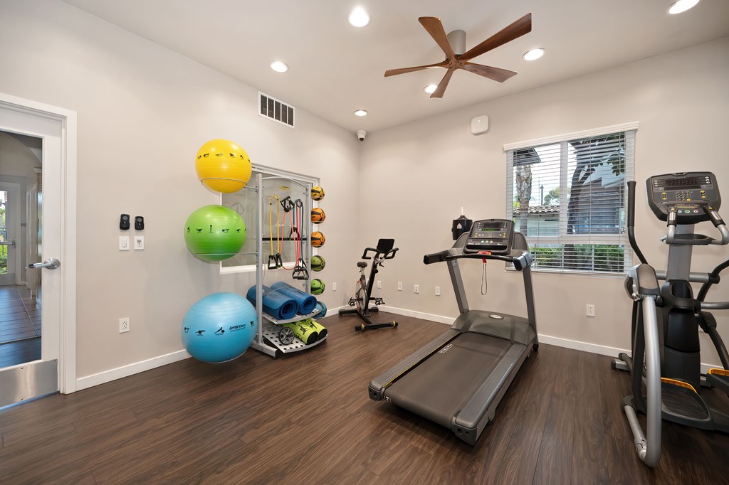 A room with a treadmill, exercise ball, and other fitness equipment.