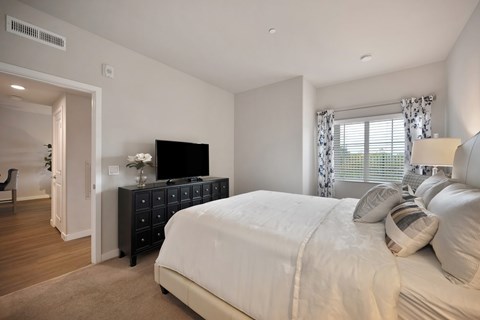 A bedroom with a large bed and a TV on a dresser.