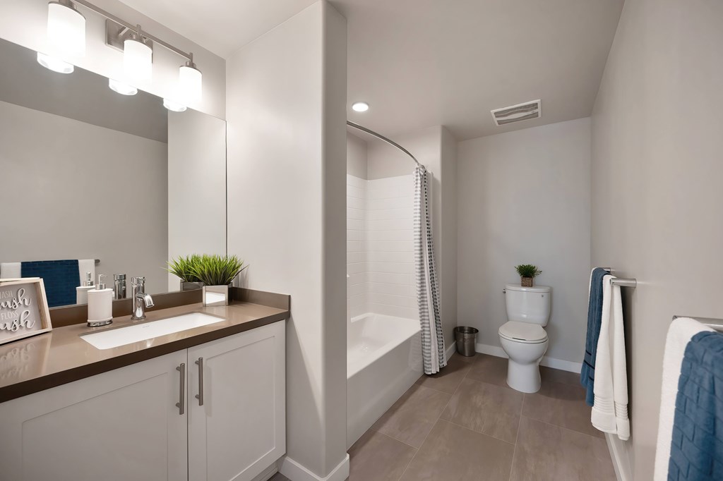 A bathroom with a sink, mirror, toilet, and bathtub.