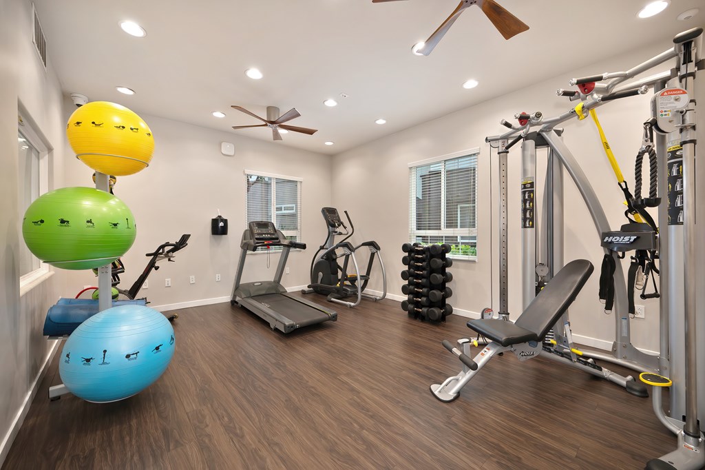 A well-equipped home gym with a variety of exercise equipment.