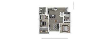 A floor plan of a house with a kitchen, living room, and two bedrooms.