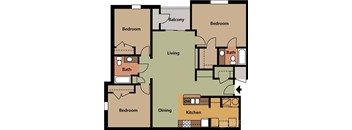 A floor plan of a house with a living room, dining room, kitchen, and four bedrooms.