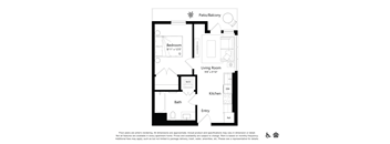 A drawing of a house plan with a living room, kitchen, bath, bedroom and entry.