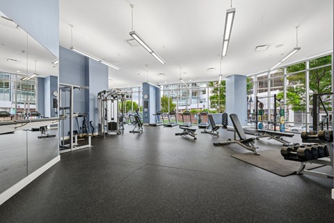 A gym with a variety of equipment including treadmills, weights, and exercise machines.