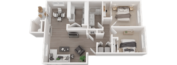A 3D floor plan of a house with two bedrooms, a living room, a kitchen, and a bathroom.