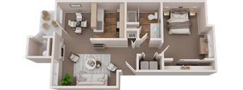 A 3D floor plan of a house with a living room, kitchen, and bedrooms.
