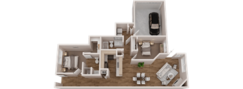 A 3D rendered image of a house layout with a car parked outside.