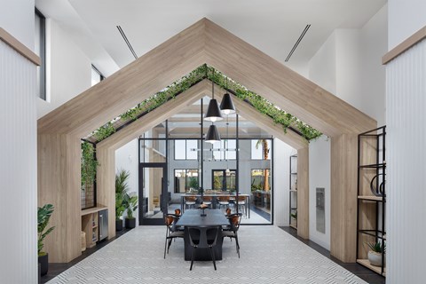 a rendering of a large room with a large wooden ceiling and a large table with chairs