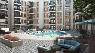 a pool area with lounge chairs and umbrellas at the west end lodge apartments in be