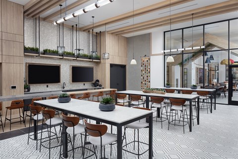 a rendering of a restaurant with long tables and chairs