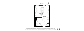 A floor plan of a living space with a kitchen, bathroom, and living area.