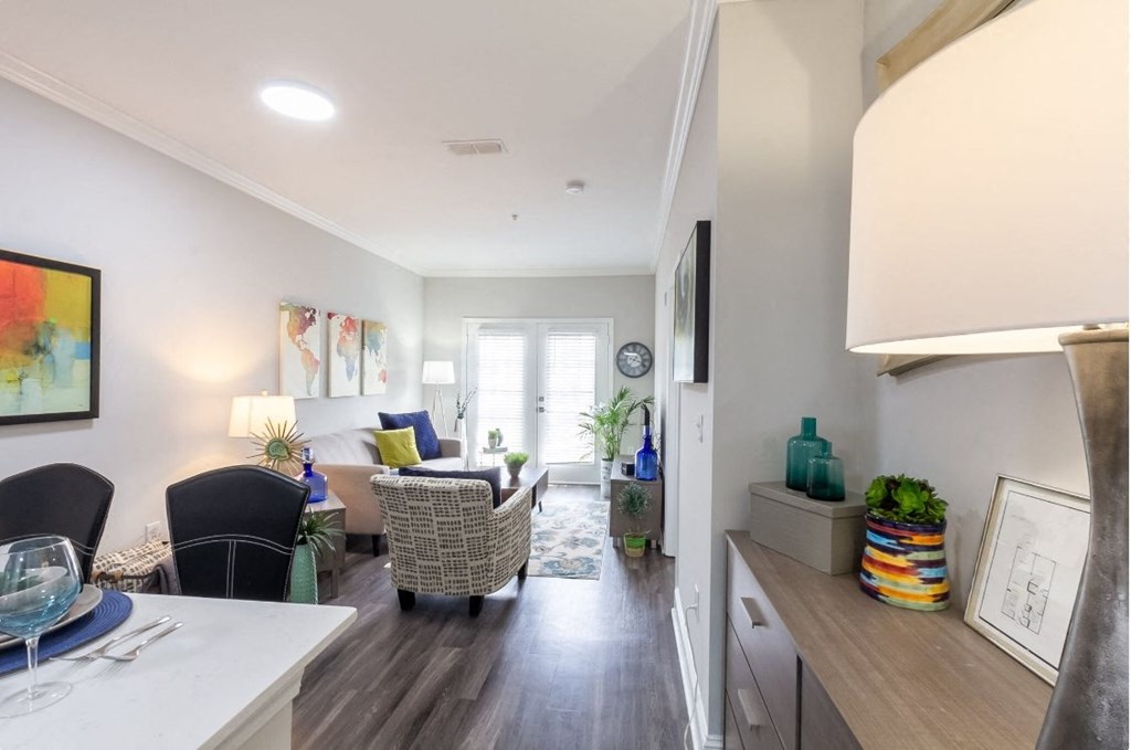 view of living room from kitchen and dining area