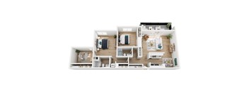 A floor plan of a small apartment with a kitchen, living room, and bathroom.
