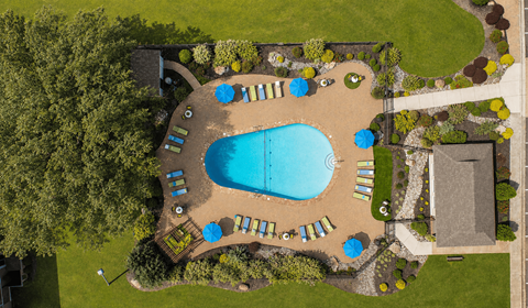 An aerial view of a swimming pool surrounded by a grassy area and trees.